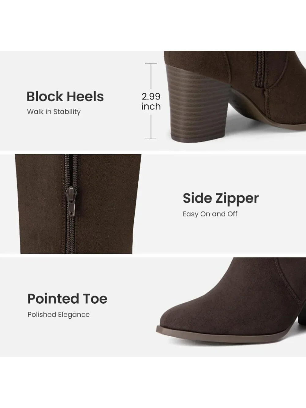 Women's Chocolate Suede Chunky Heel Suede Pointed Toe Side Zipper Knee High Boot